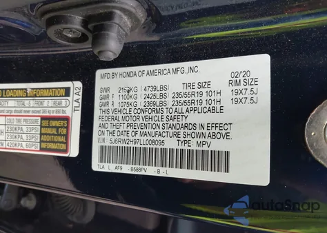 2020 Honda Cr-V Awd Touring из США, поврежденный, VIN 5J6RW2H97LL008095